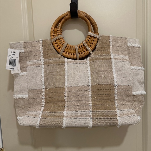 NEW w/TAGS L*Space Deep Seas Tan and White Beach Tote Bag with Bamboo Handle - Picture 8 of 9